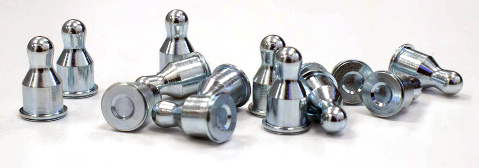 Group of BS14 Self-Clinching Concealed Head Ball Studs, made of precision-machined metal, displayed on a white surface.
