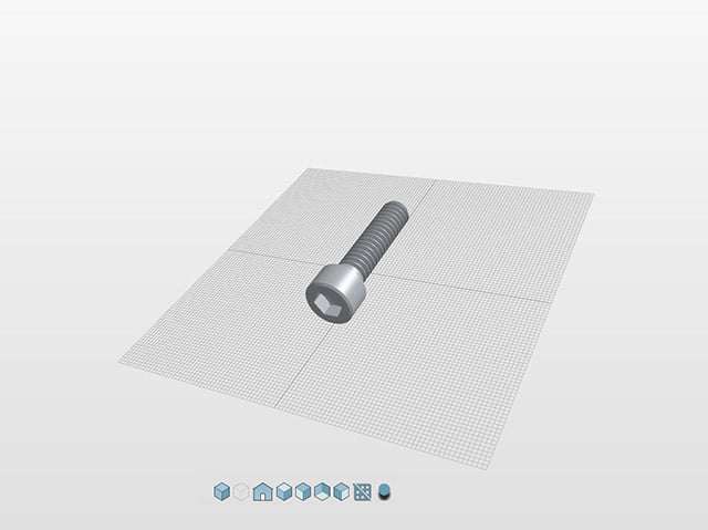 Detailed 3D model of a hexagonal bolt on a grid background for online hardware catalog.