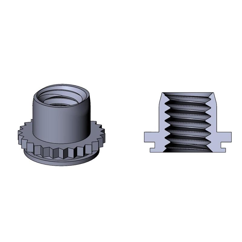 2D drawing of NHL Miniature Locking self-clinching nuts with a locking feature for miniature applications.
