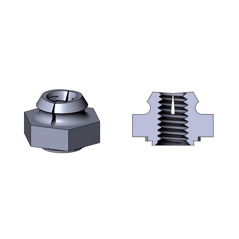 2D drawing of NM Locking self-clinching nuts featuring a locking mechanism for secure fastening.