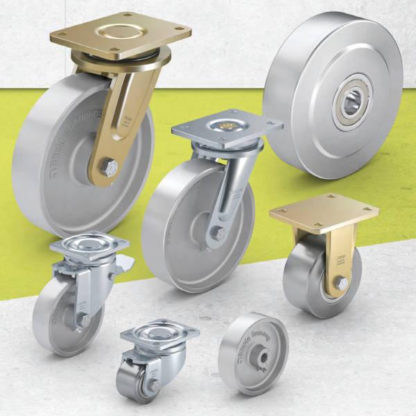 Cast iron and steel wheels and castors